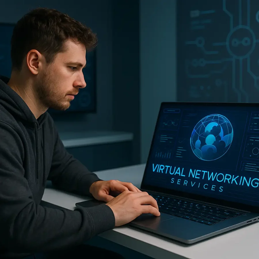 Technician performing remote network configuration for Virtual Networking Services