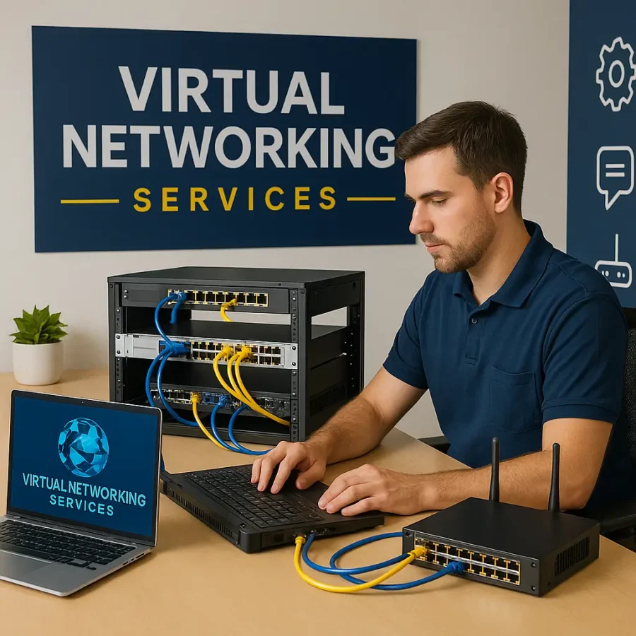 Technician configuring a network switch for remote networking support services at Virtual Networking Services